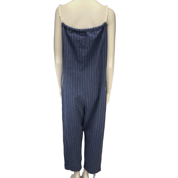 COTTON Sailor Oversized Straight Navy Blue White Striped Ropes Jumpsuit sz S / M - Picture 3 of 5